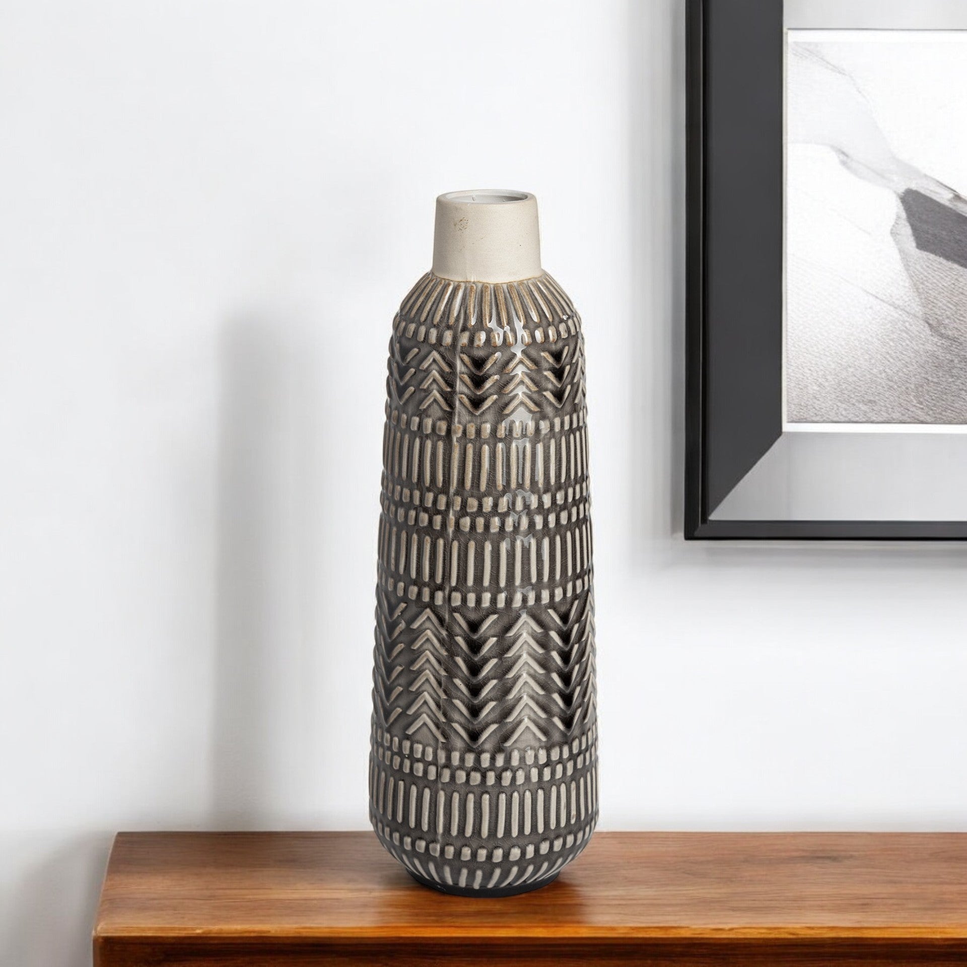 14" Gray Abstract Cylinder Ceramic Table Vase-0